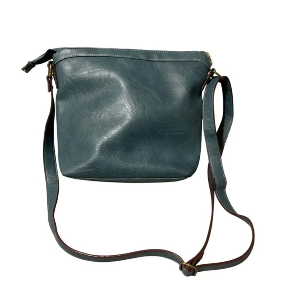 BOC Concepts Teal‎ Blue Faux Leather Crossbody Bag Adjustable Strap Zip Pockets